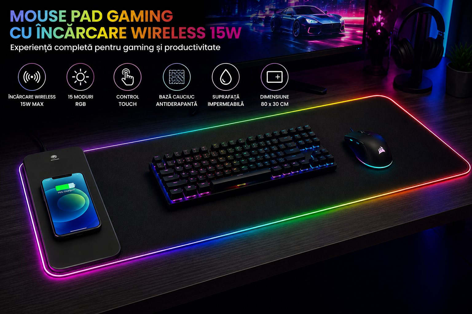 Mouse pad gaming cu incarcare rapida wireless 15W, iluminare LED RGB 15 moduri cu control touch, baza cauciuc antiderapanta, 80x30cm