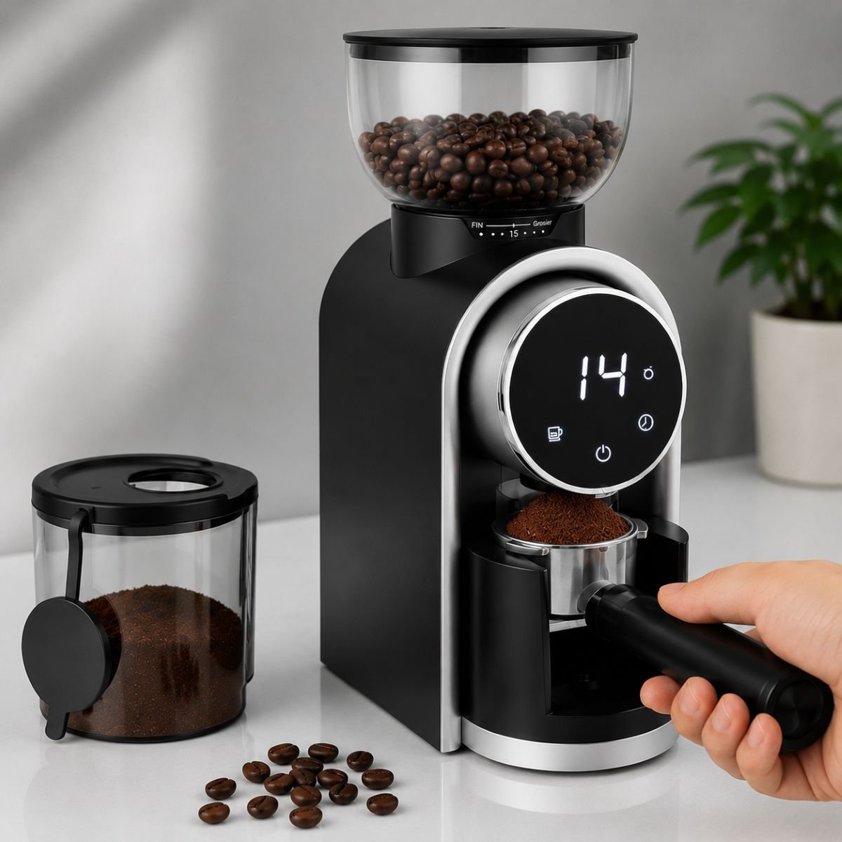 Rasnita electrica de cafea automata 150W, 220V, reglaj macinare 25 trepte, afisaj digital touch, bavuri conice, recipient boabe 250g