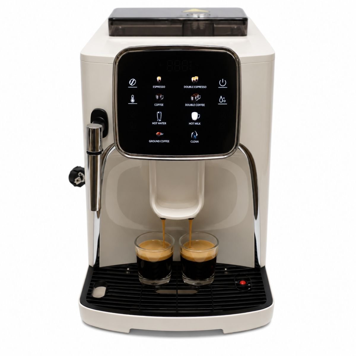 Espressor automat cafea boabe cu rasnita integrata 1450W, 220V, panou digital touch, sistem spumare lapte, presiune 19 bar, rezervor apa 1.7L