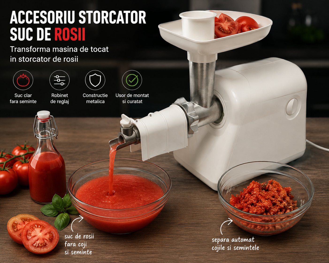 Accesoriu storcator de rosii metalic pentru masina de tocat carne