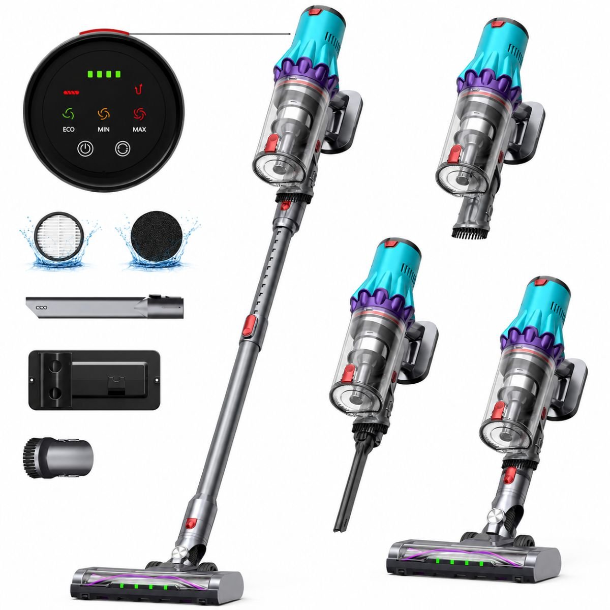 Aspirator vertical fara fir 300W, putere aspirare 35 kPa, baterie 2000mAh, recipient praf 800ml, 3 moduri de aspirare, ecran tactil LED, motor brushless, perie iluminata LED