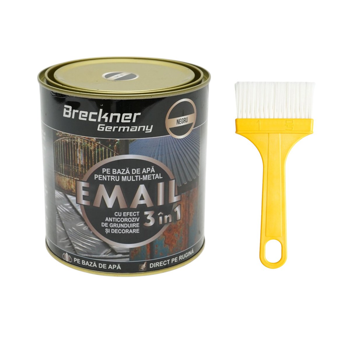 Vopsea email anticoroziva 3 in 1 negru pentru metal 750g, direct pe rugina, pe baza de apa  Breckner Germany