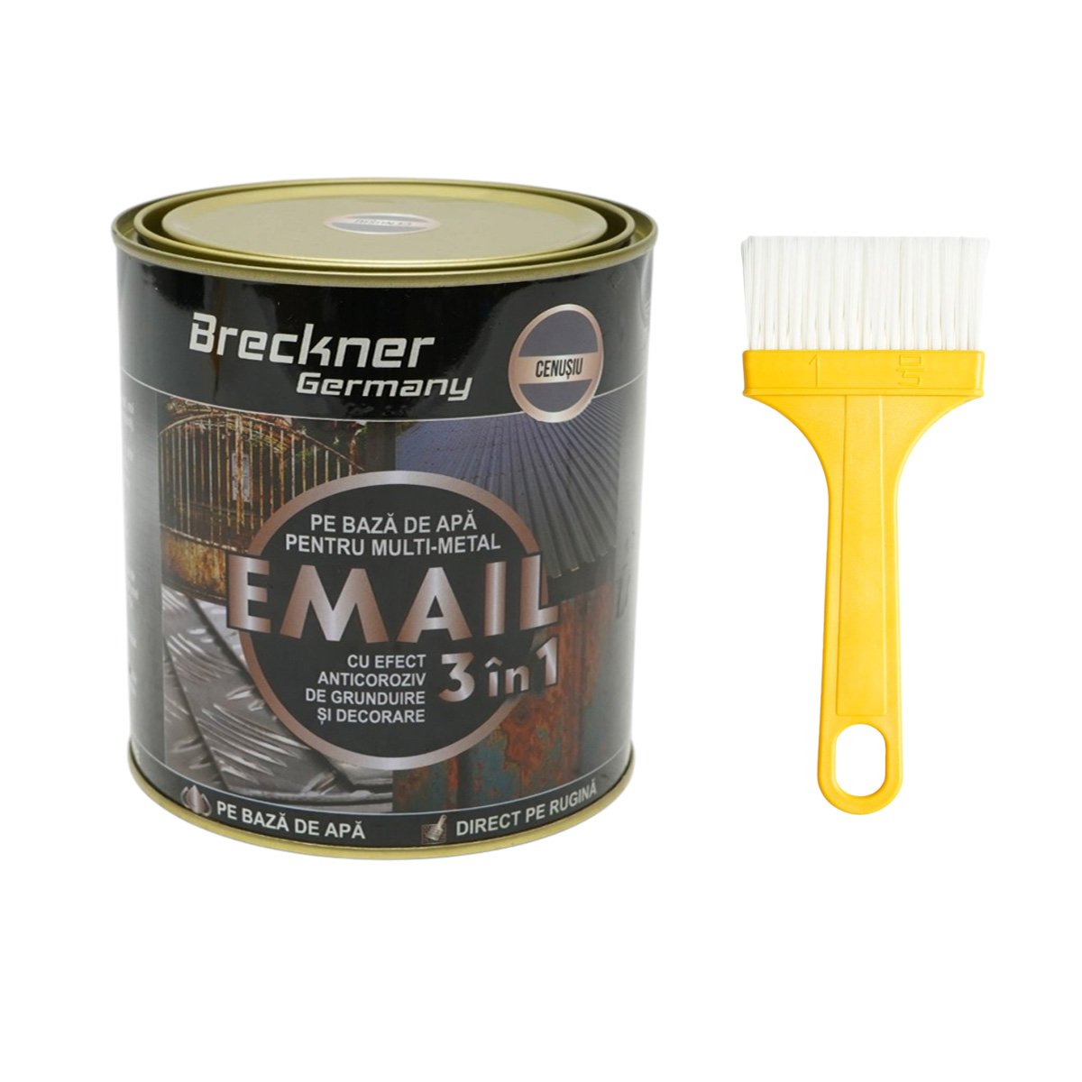 Vopsea email anticoroziva 3 in 1 cenusiu pentru metal 750g, direct pe rugina, pe baza de apa Breckner Germany