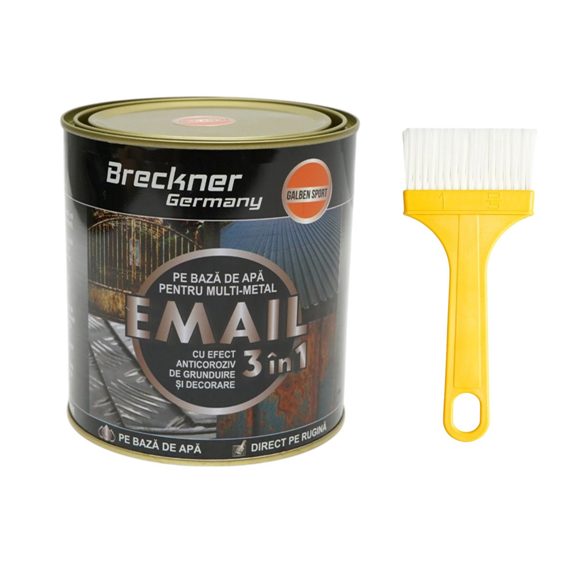 Vopsea email anticoroziva 3 in 1 galben sport 750g pentru metal, direct pe rugina, pe baza de apa Breckner Germany