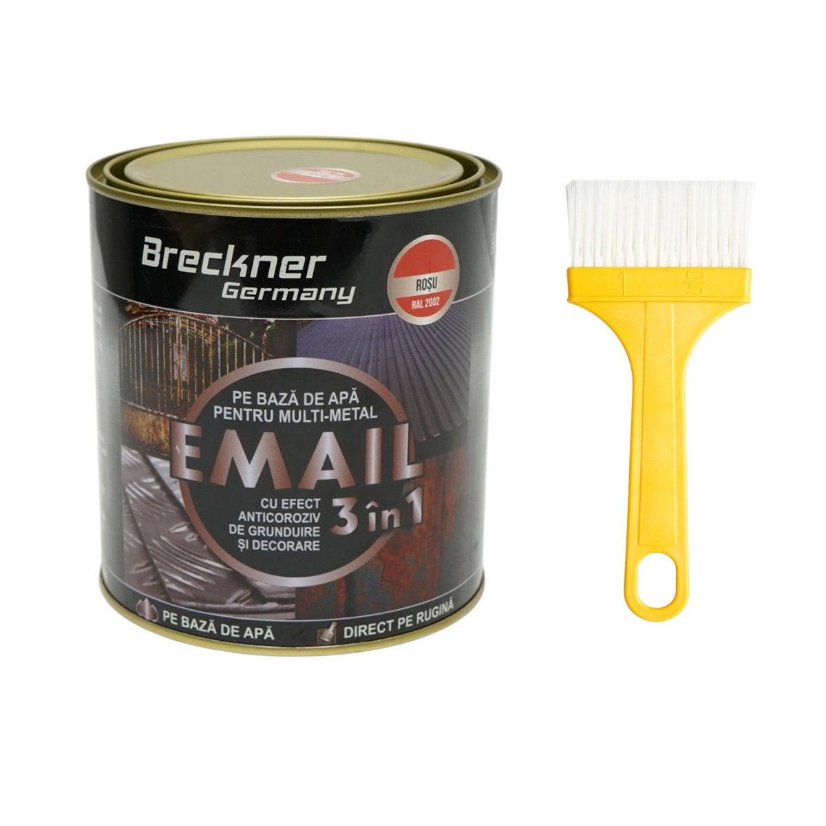 Vopsea email anticoroziva 3 in 1 rosu RAL 2002 pentru metal 750g, direct pe rugina, pe baza de apa Breckner Germany