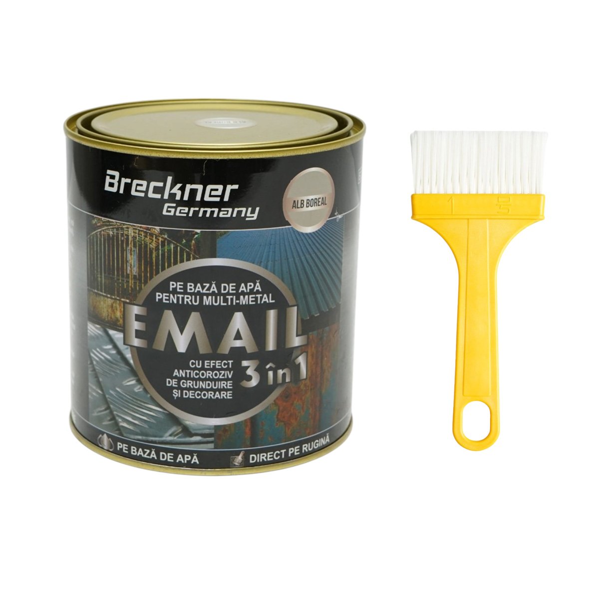 Vopsea email anticoroziva 3 in 1 alb boreal pentru metal 750g, direct pe rugina, pe baza de apa Breckner Germany