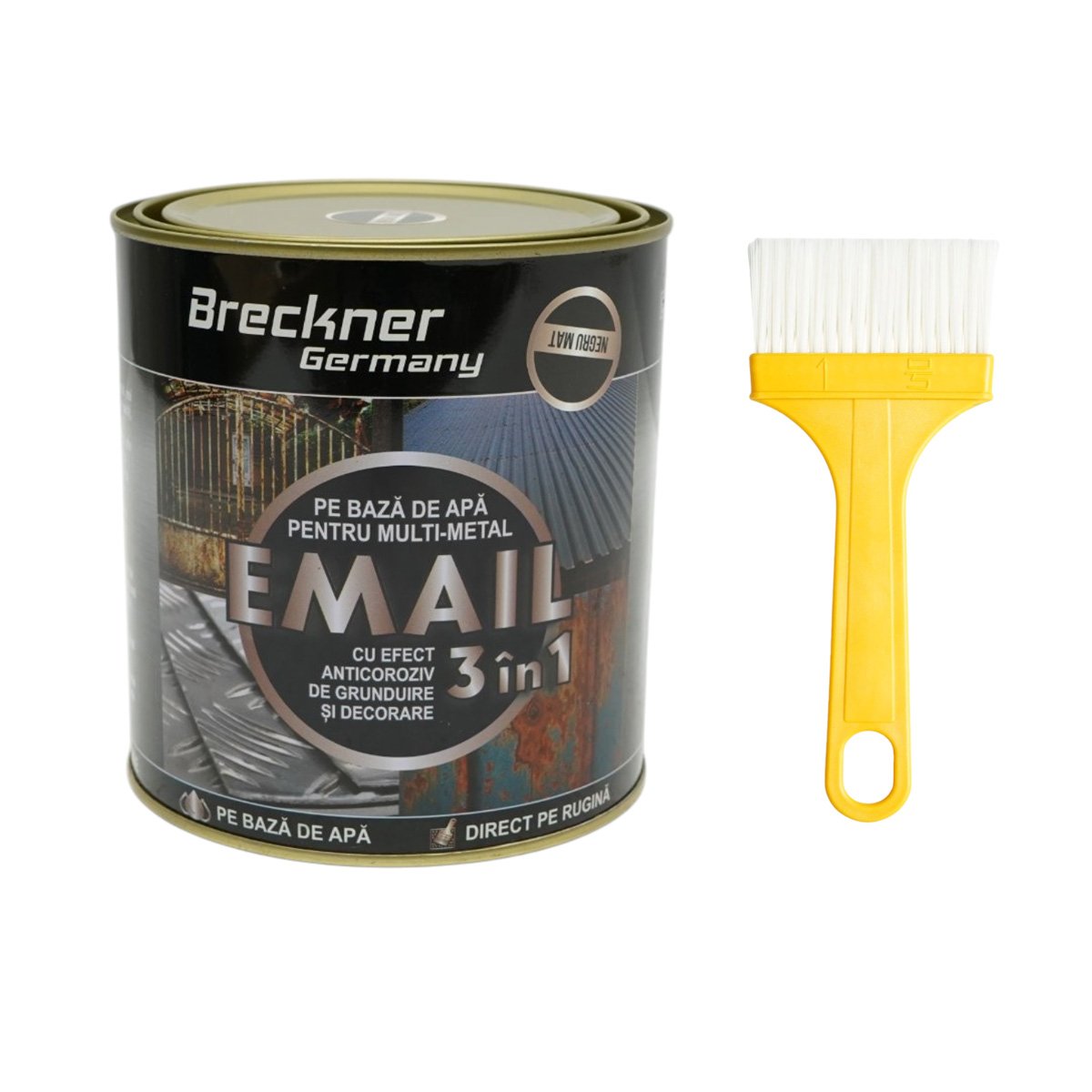 Vopsea email anticoroziva 3 in 1 negru mat pentru metal 750g, direct pe rugina, pe baza de apa Breckner Germany