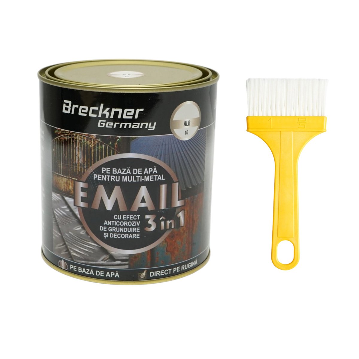 Vopsea email anticoroziva 3 in 1 alb 10 pentru metal 750g, direct pe rugina, pe baza de apa Breckner Germany