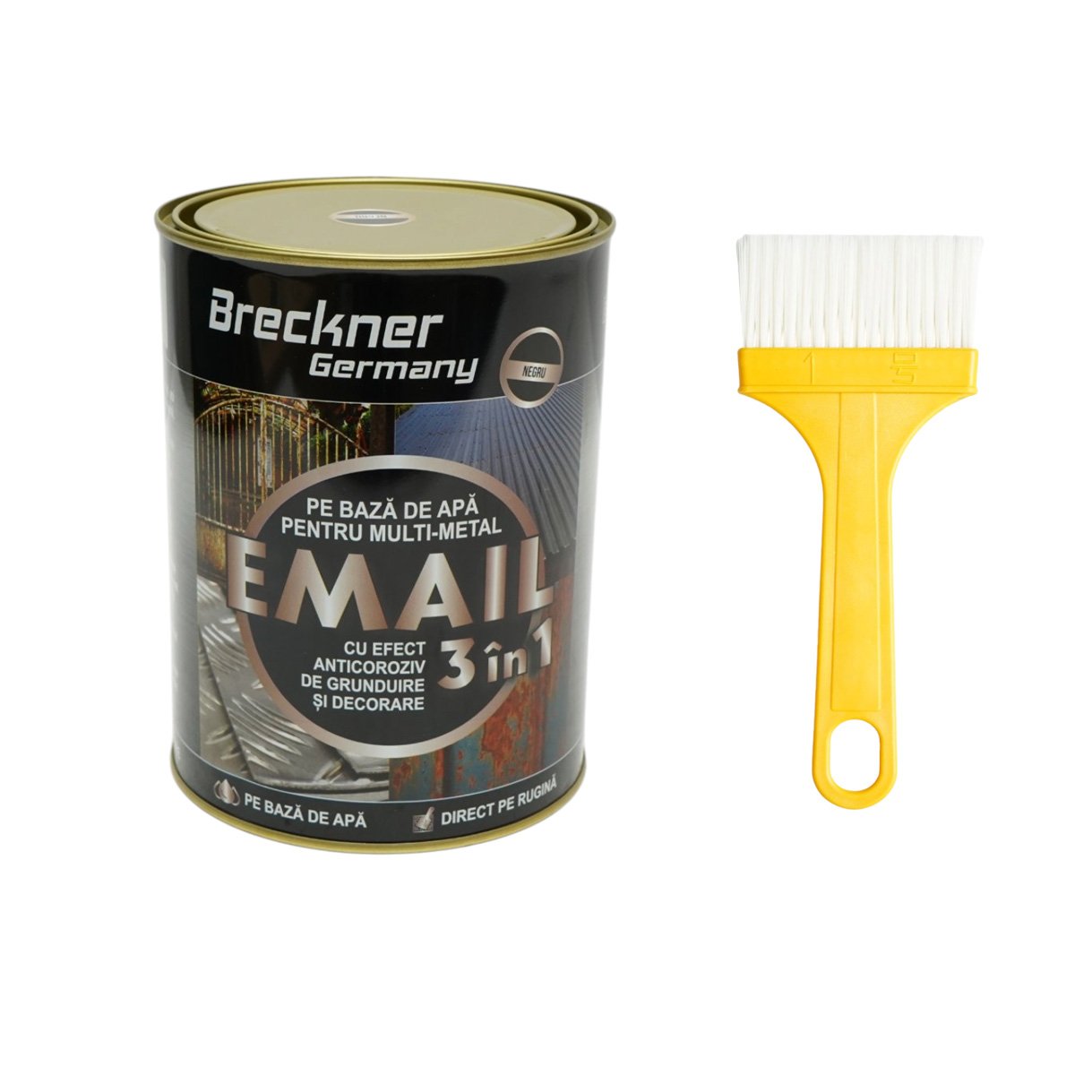 Vopsea email anticoroziva 3 in 1 negru pentru metal 2kg, direct pe rugina, pe baza de apa 2kg Breckner Germany