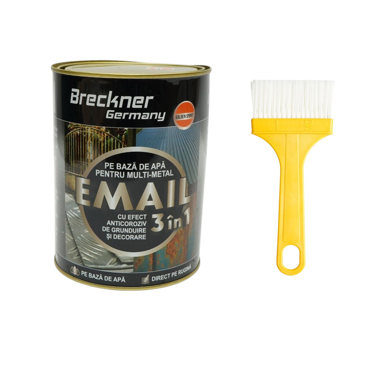 Vopsea email anticoroziva 3 in 1 galben sport pentru metal 2kg, direct pe rugina, pe baza de apa Breckner Germany