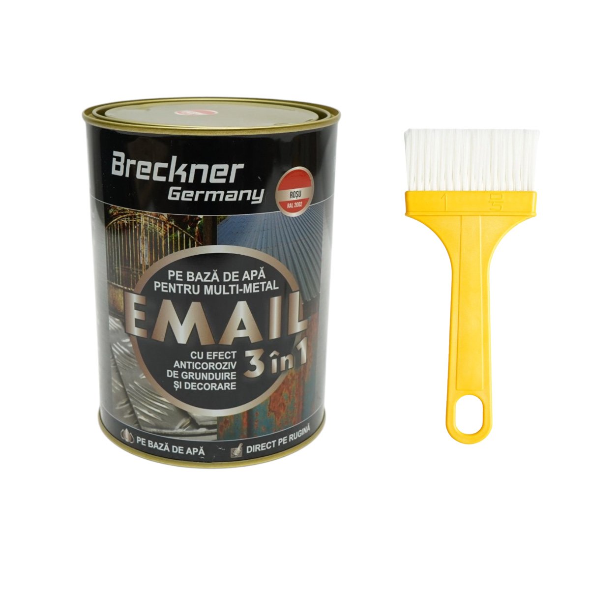 Vopsea email anticoroziva 3 in 1 rosu RAL 2002 pentru metal 2kg, direct pe rugina, pe baza de apa Breckner Germany