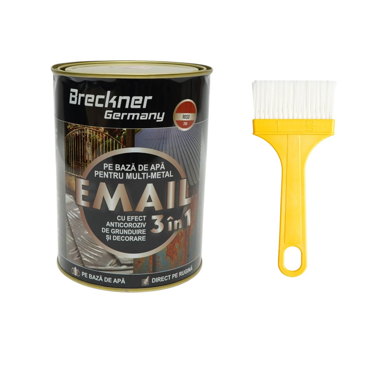 Vopsea email anticoroziva 3 in 1 rosu 250 pentru metal 2kg, direct pe rugina, pe baza de apa Breckner Germany