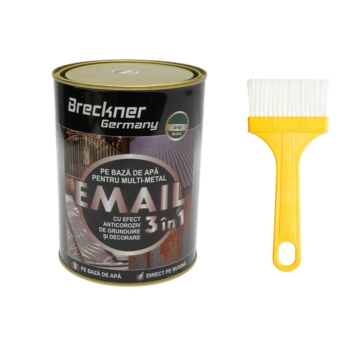 Vopsea email anticoroziva 3 in 1 verde 6016 pentru metal 2kg, direct pe rugina, pe baza de apa Breckner Germany