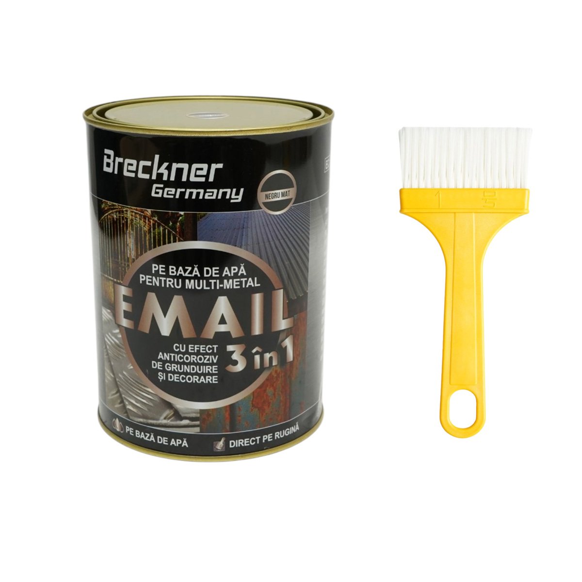 Vopsea email anticoroziva 3 in 1 negru mat pentru metal 2kg, direct pe rugina, pe baza de apa Breckner Germany