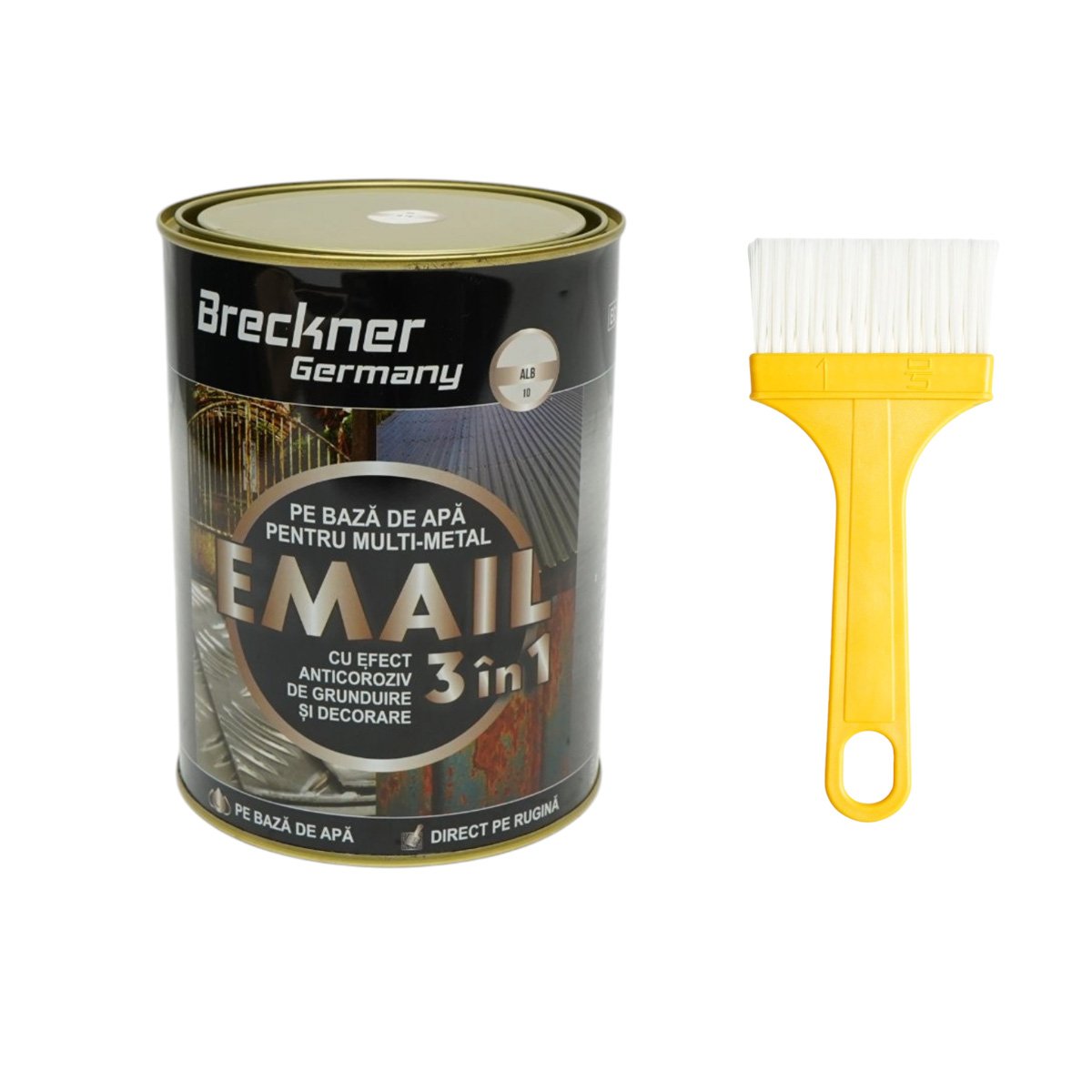 Vopsea email anticoroziva 3 in 1 alb 10 pentru metal 2kg, direct pe rugina, pe baza de apa Breckner Germany