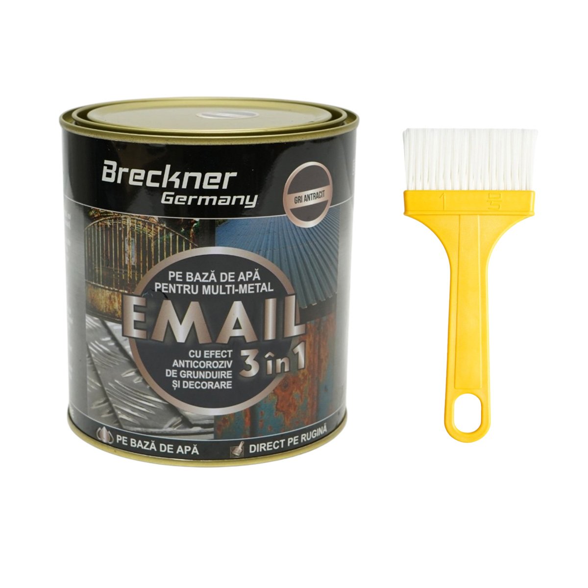 Vopsea email anticoroziva 3 in 1 gri antracit RAL 7016 pentru metal 750g, direct pe rugina, pe baza de apa Breckner Germany