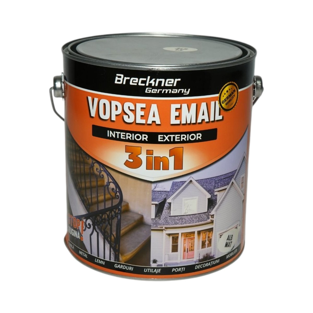 Vopsea email anticoroziva 3 in 1 alb mat pe baza de solvent 3.5L, direct pe rugina, interior si exterior Breckner Germany