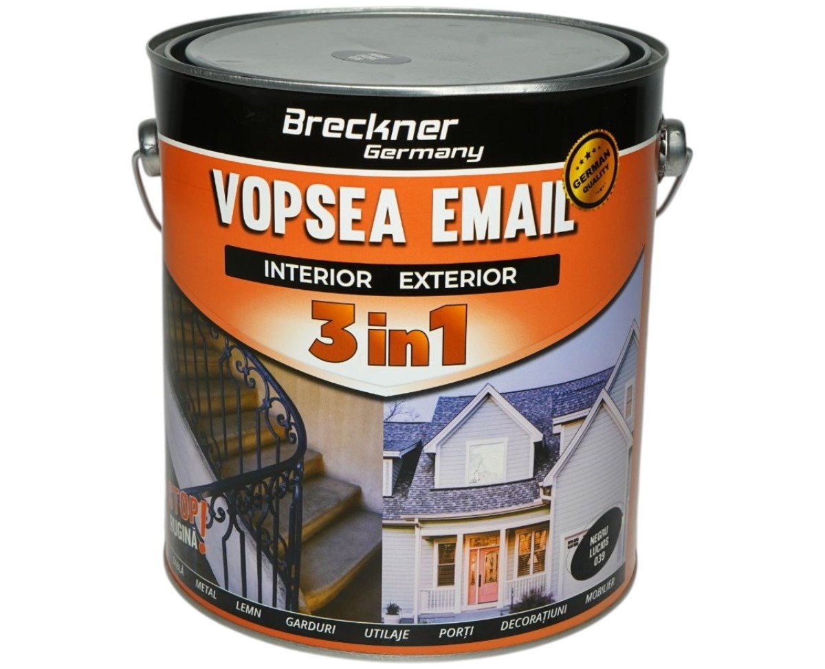 Vopsea email anticoroziva 3 in 1 Breckner Germany negru lucios 039 1L