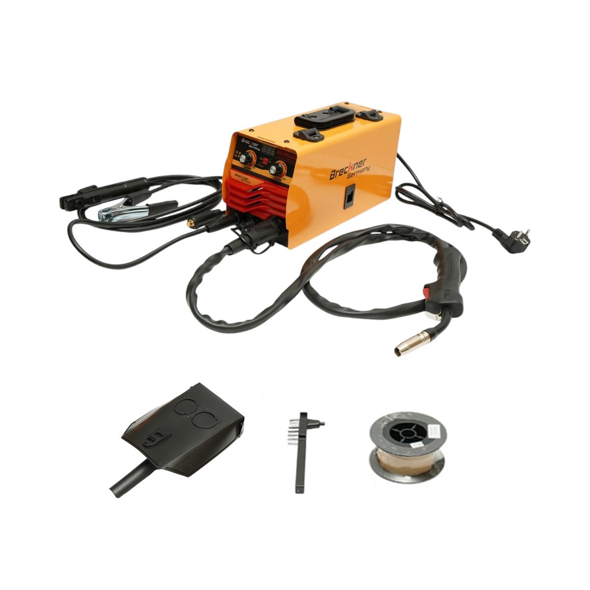 Aparat de sudura invertor 2 in 1 MIG/MMA fara gaz 200A, 220V, afisaj digital, sudare cu electrozi, rola sarma Flux Core E71T-GS inclusa Breckner Germany