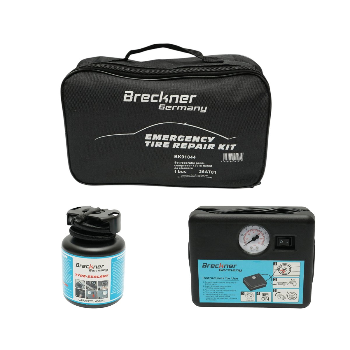 Kit reparatie pana anvelope cu compresor aer 12V si solutie etansare 450ml Breckner Germany