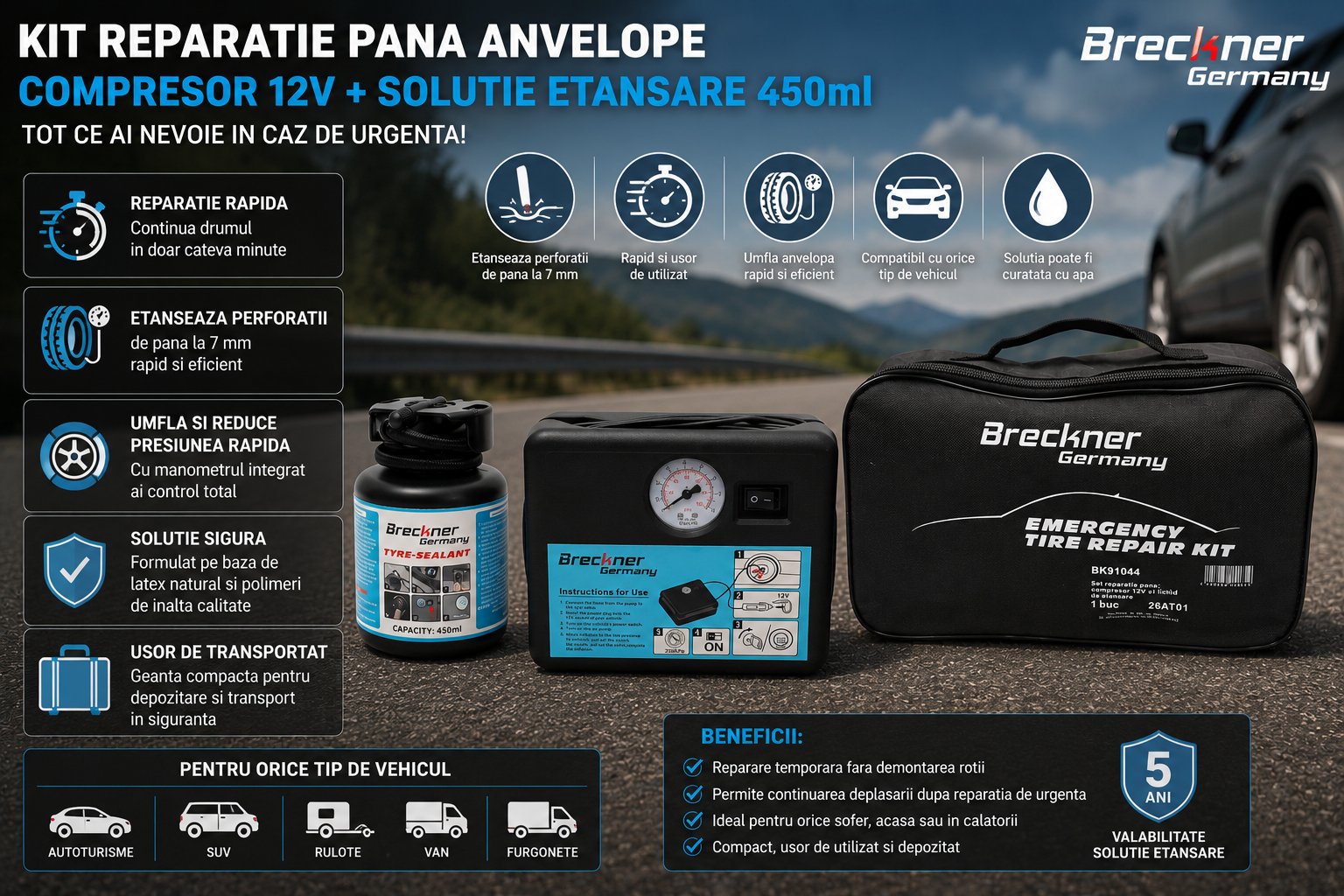 Kit reparatie pana cu compresor 12V si solutie etansare 450ml Breckner Germany BK91044