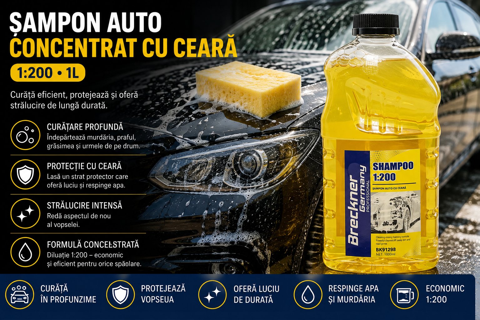 Sampon auto concentrat cu ceara 1:200 1L Breckner Germany
