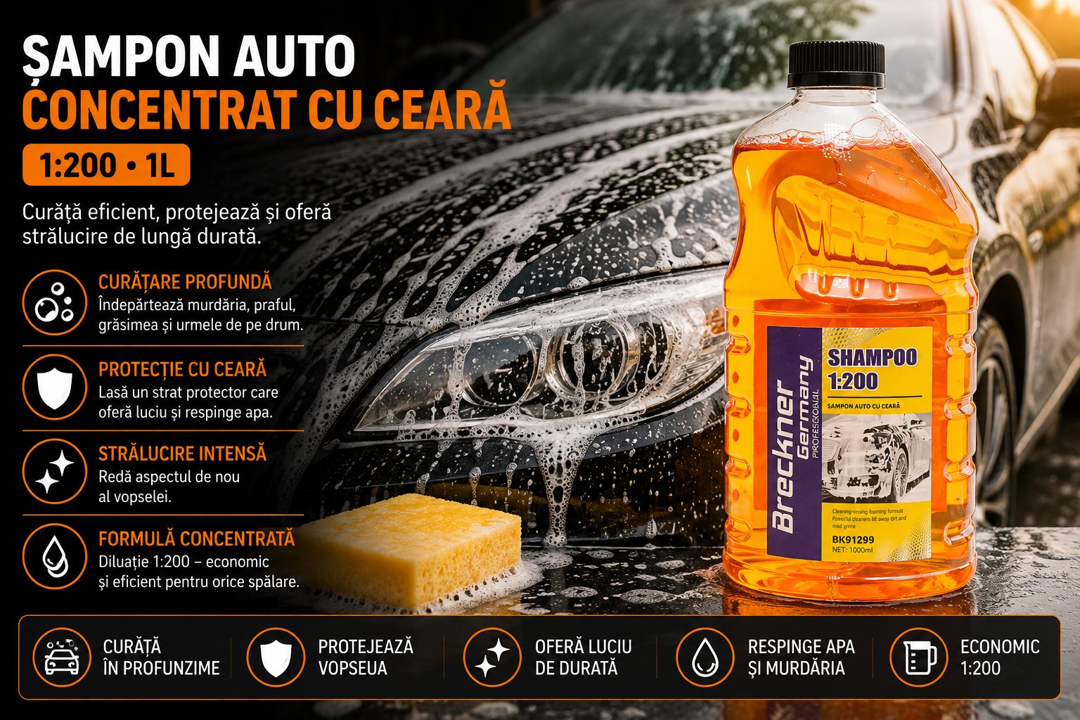 Sampon auto concentrat cu ceara 1:200 1L Breckner Germany