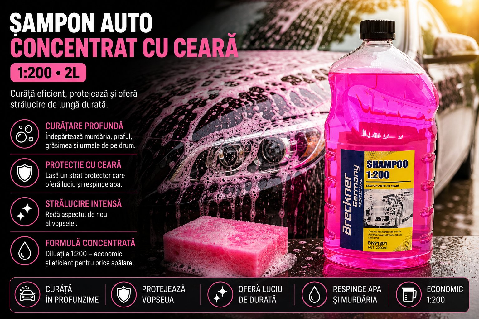 Sampon auto concentrat cu ceara 1:200 1L Breckner Germany