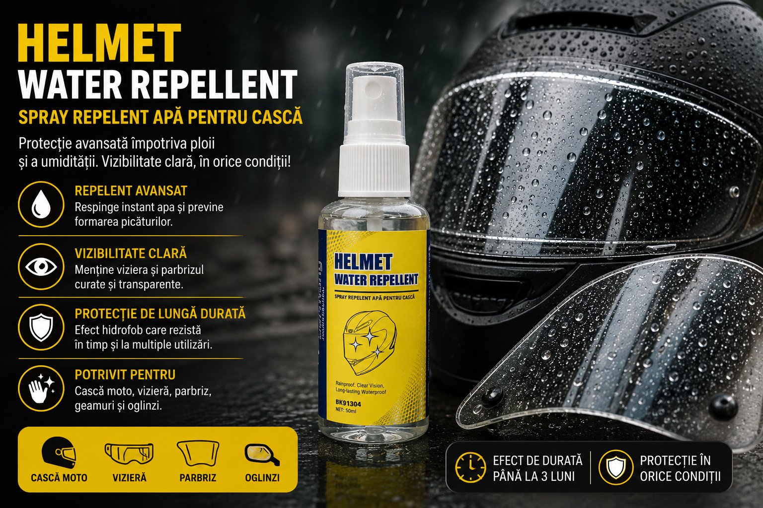 Spray hidrofob repelent apa viziera, casca moto si parbriz Helmet Water Repellent 50ml Breckner Germany