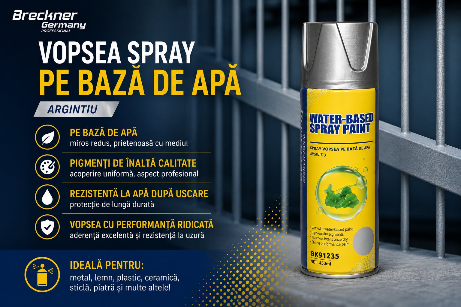 Spray vopsea argintiu pe baza de apa 450ml Breckner Germany