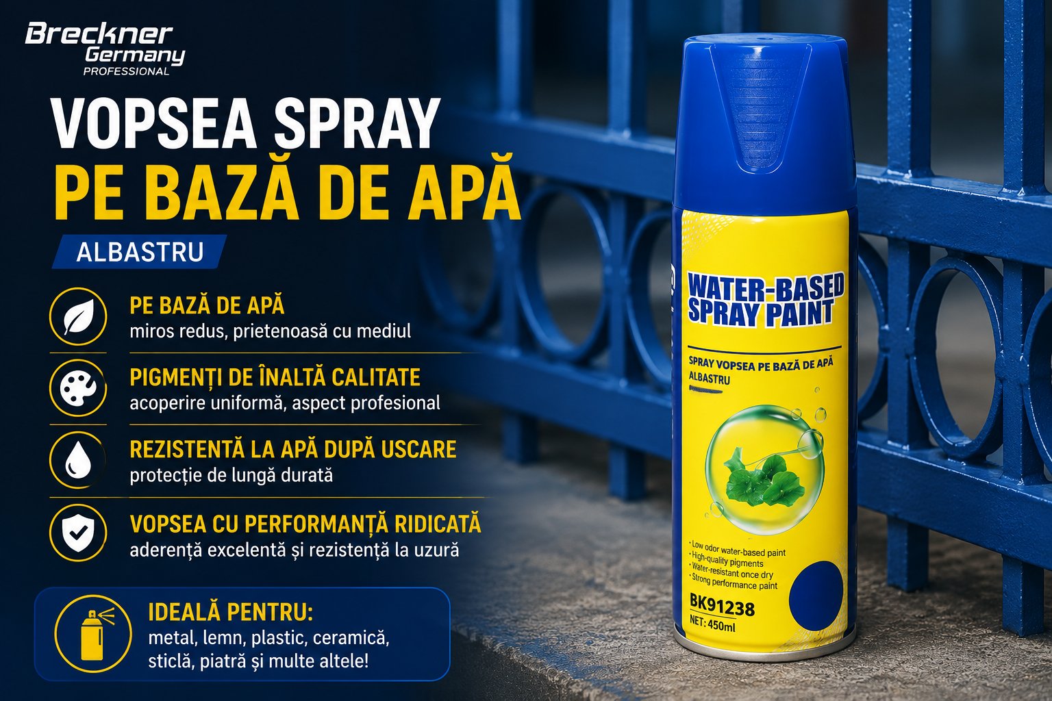 Spray vopsea argintiu pe baza de apa 450ml Breckner Germany