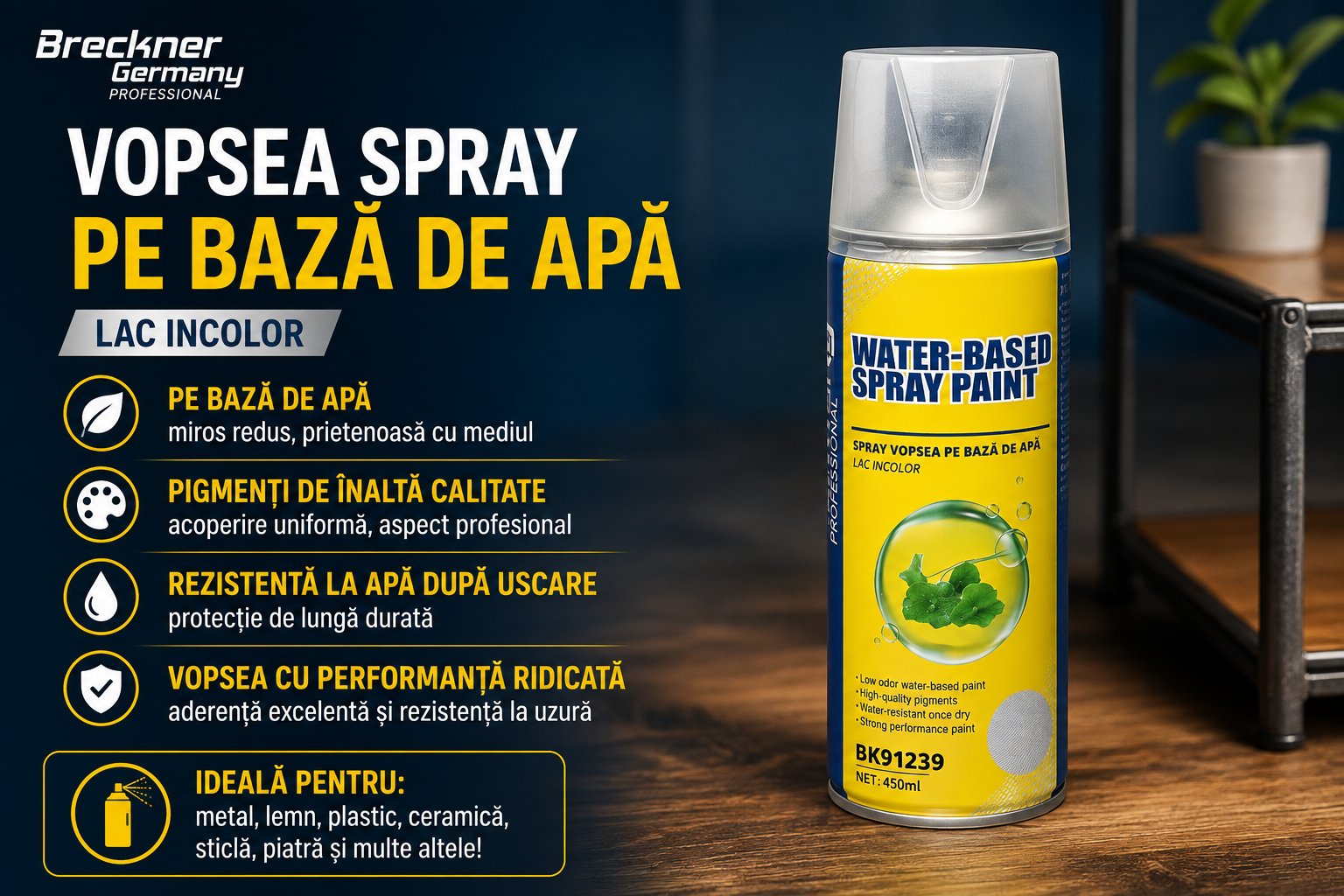 Spray vopsea argintiu pe baza de apa 450ml Breckner Germany