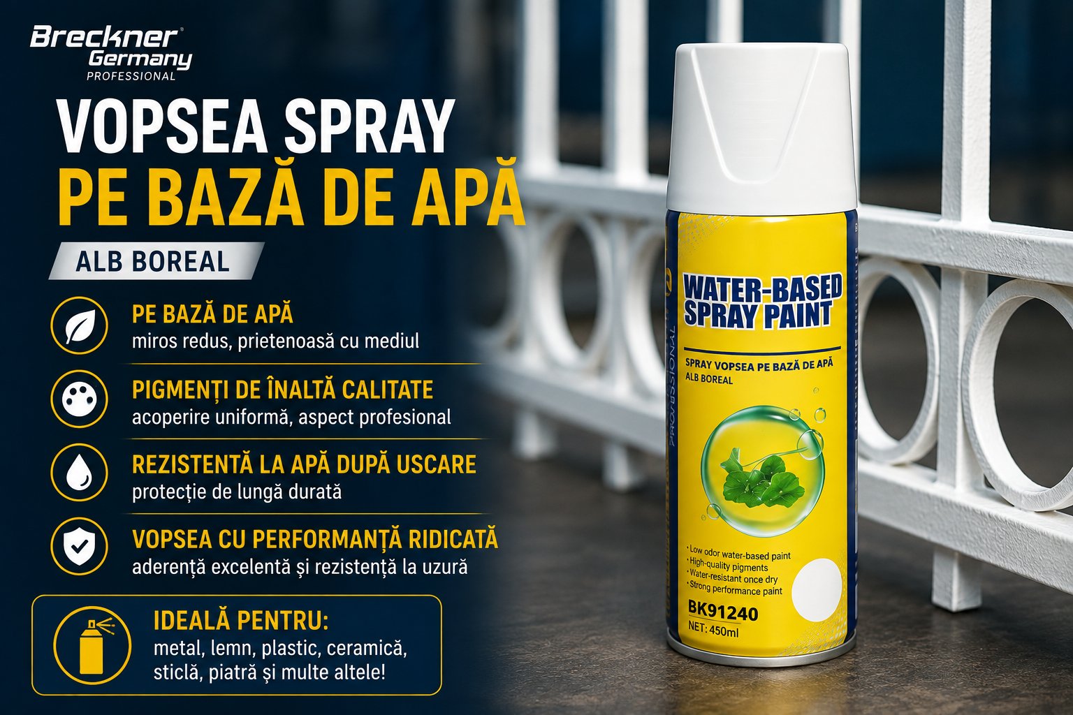 Spray vopsea argintiu pe baza de apa 450ml Breckner Germany