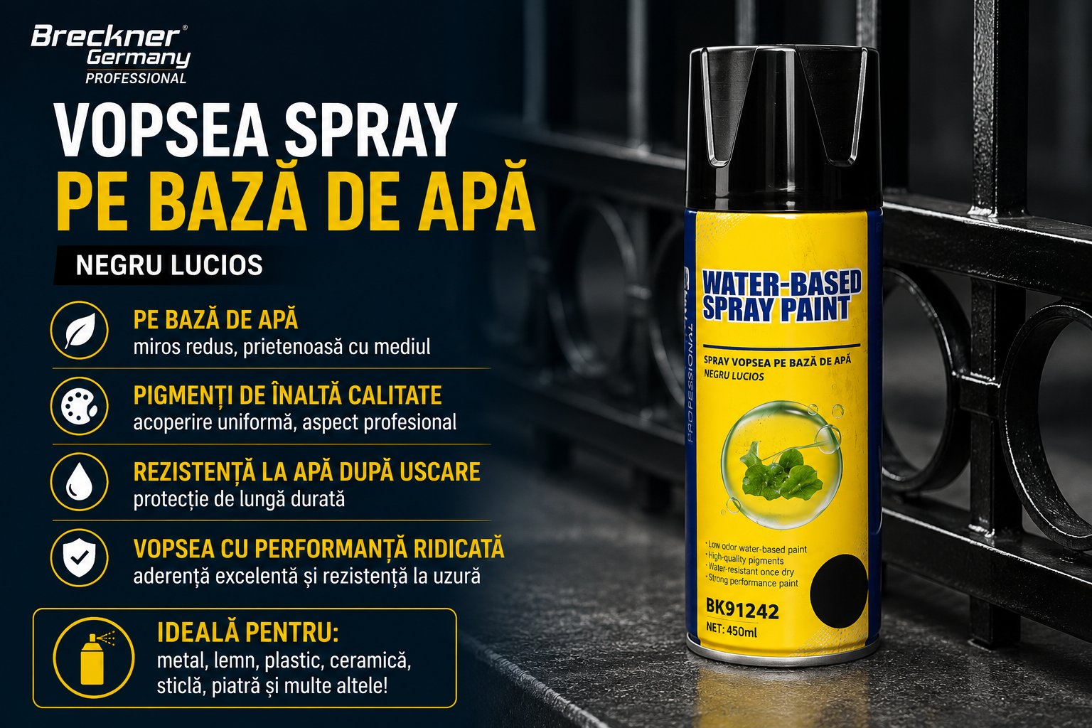 Spray vopsea argintiu pe baza de apa 450ml Breckner Germany