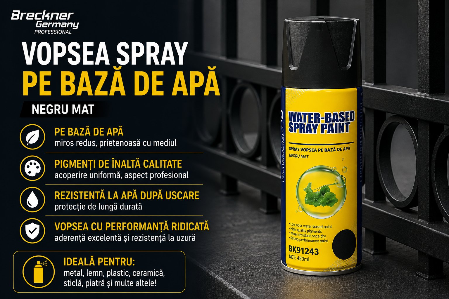 Spray vopsea argintiu pe baza de apa 450ml Breckner Germany