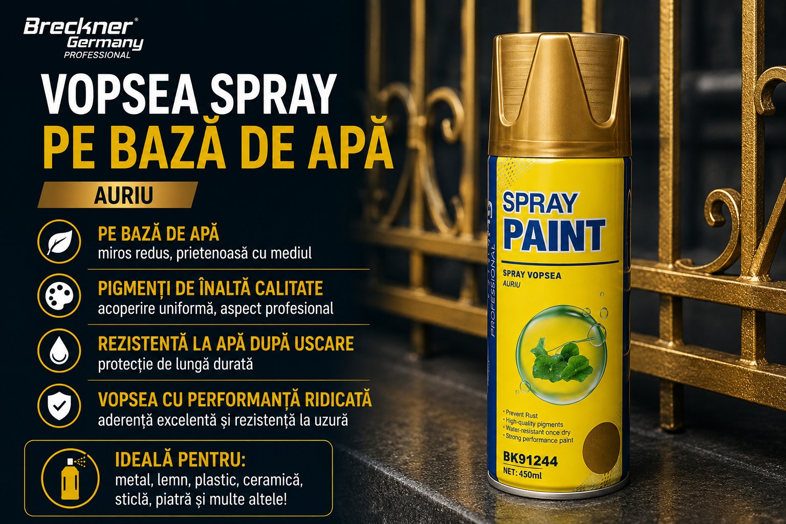 Spray vopsea argintiu pe baza de apa 450ml Breckner Germany