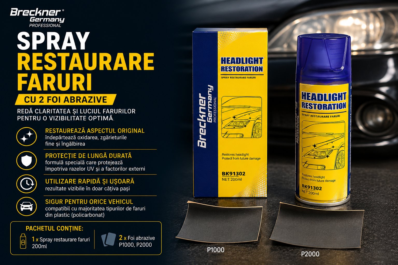 Spray restaurare faruri cu 2 foi abrazive 200ml Breckner Germany