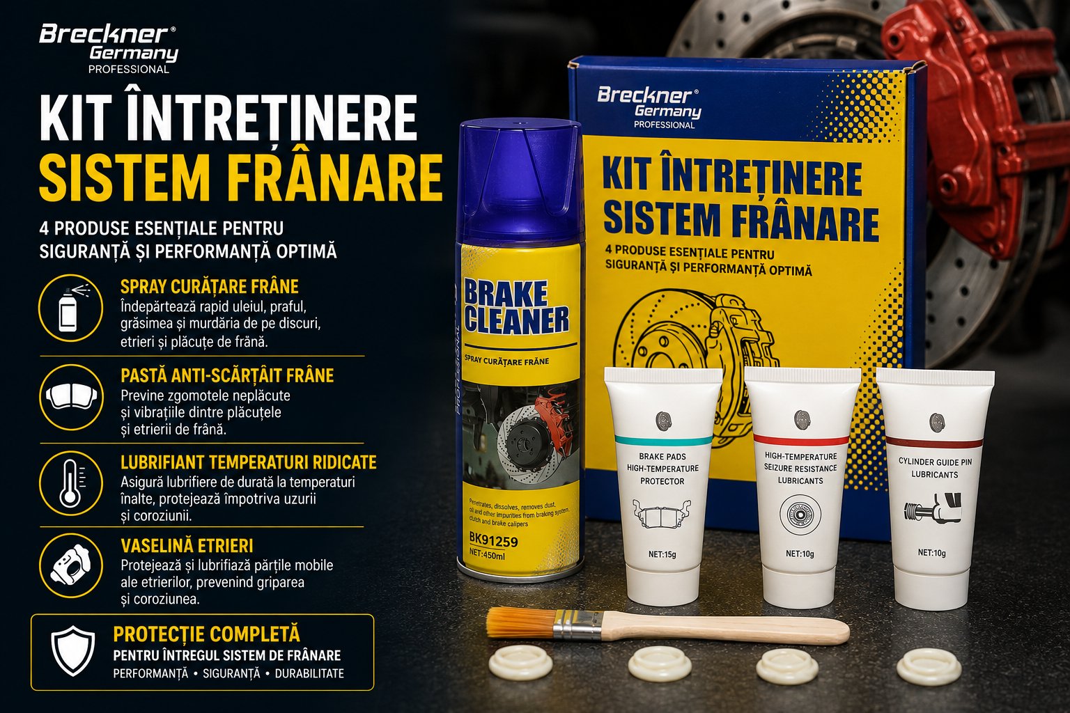 Kit intretinere sistem franare cu spray curatare frane, pasta anti-scartait, lubrifiant temperaturi ridicate si vaselina etrieri Breckner Germany