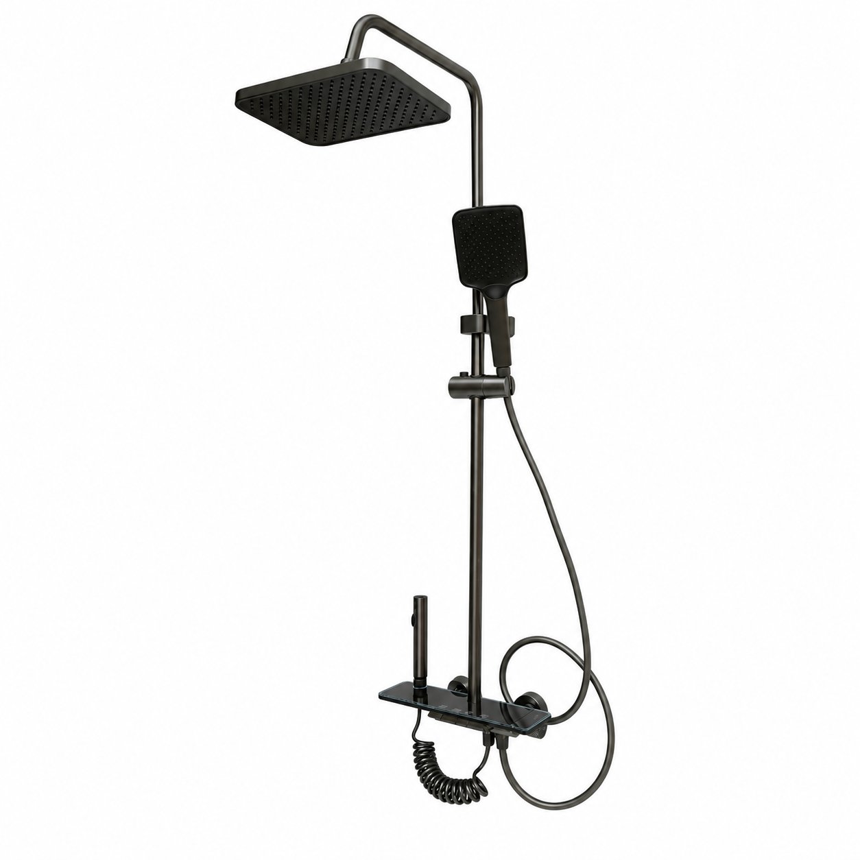 Set dus multifunctional cu termostat, afisaj digital temperatura, 4 functii de curgere a apei, pipa cada, dus dreptunghiular tip ploaie, para de dus, dus bideu, grafit mat, aluminiu