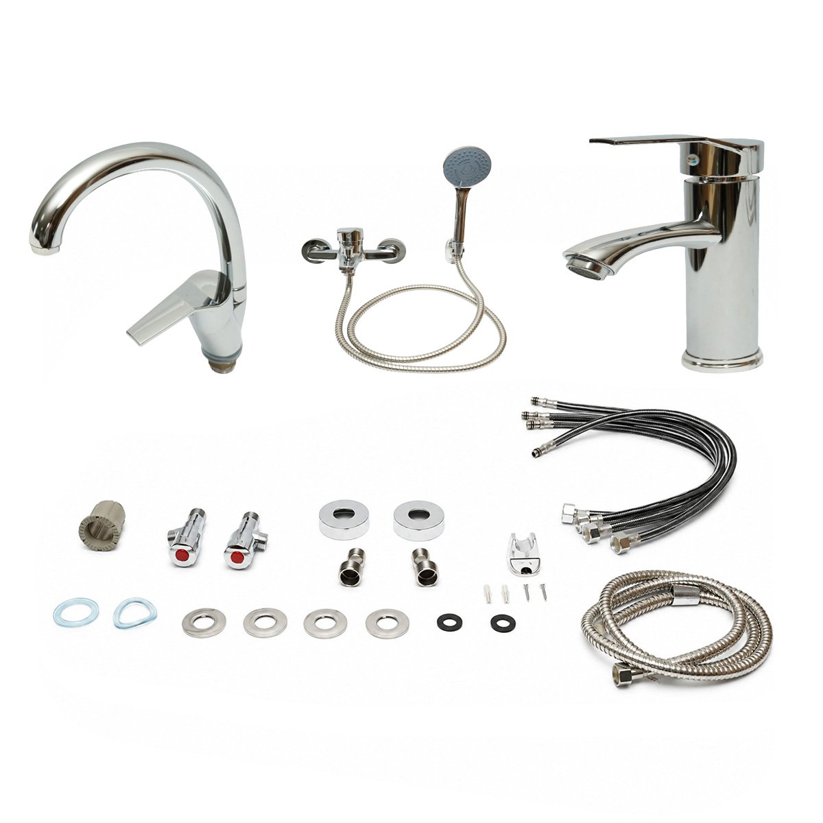 Set baterii baie si bucatarie 3 in 1, baterie cada cu para dus si furtun, baterie lavoar, baterie chiuveta bucatarie, monocomanda, crom lucios, aliaj zinc, furtunuri incluse