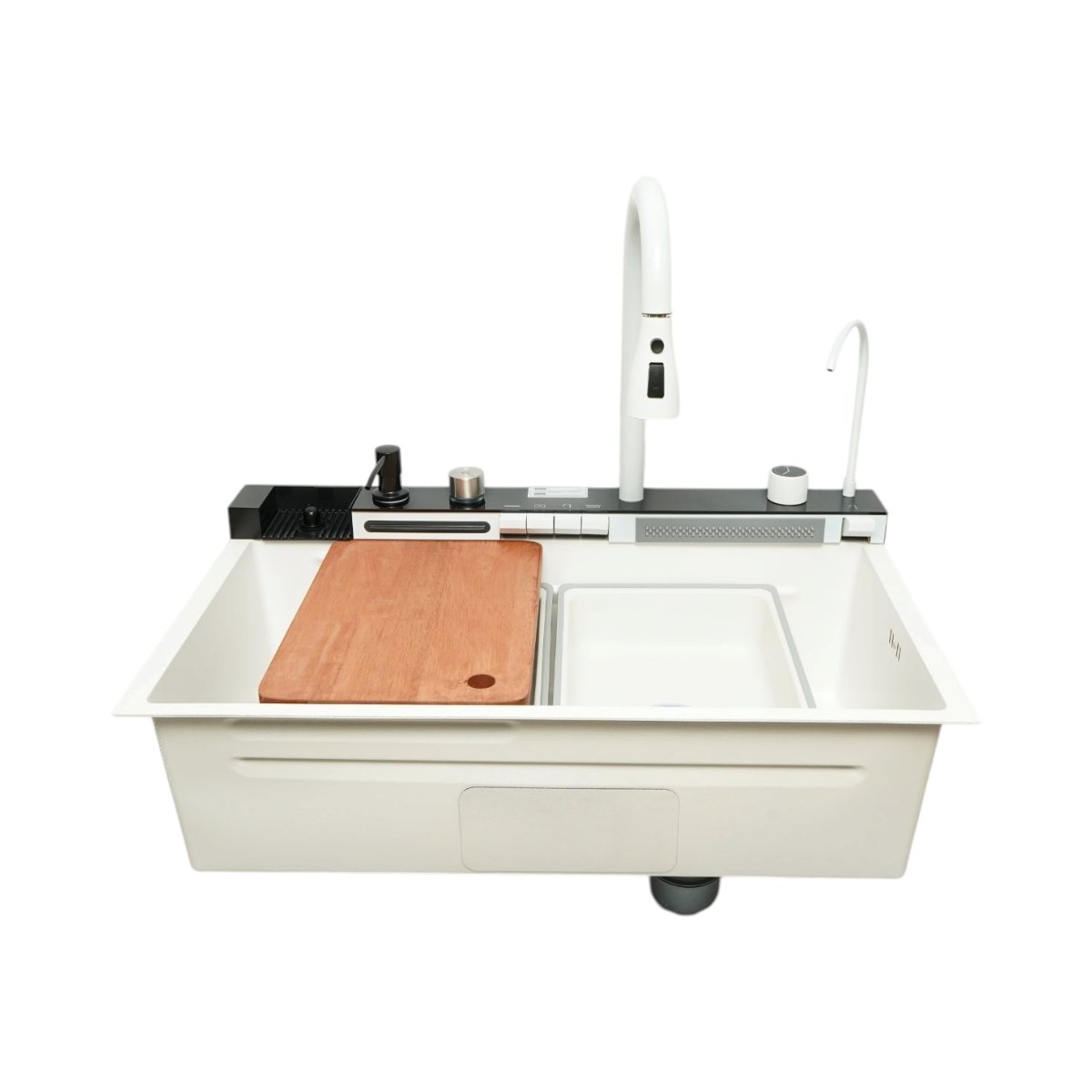 Chiuveta bucatarie multifunctionala din otel inoxidabil alb mat PVD cu doua baterii, afisaj digital temperatura, doua cascade, dozator detergent, spalator pahare, scurgator, tava, tocator si accesorii incluse 75x46x22cm