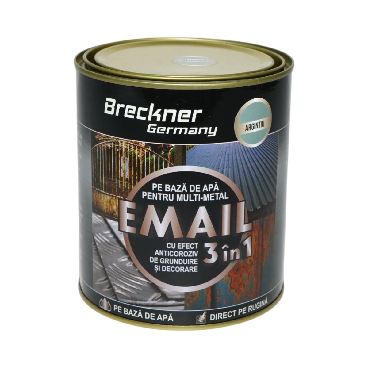 Vopsea email anticoroziva 3 in 1 argintie pentru metal 750g, direct pe rugina, pe baza de apa Breckner Germany – imagine 2