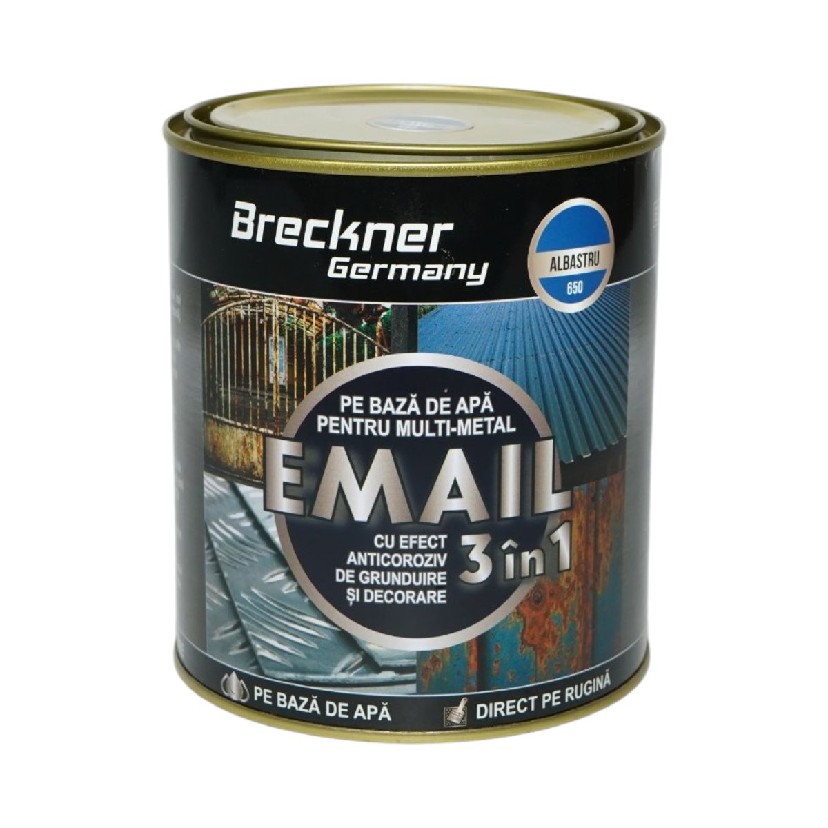 Vopsea email anticoroziva 3 in 1 albastru 650 pentru metal 750g, direct pe rugina, pe baza de apa Breckner Germany – imagine 2