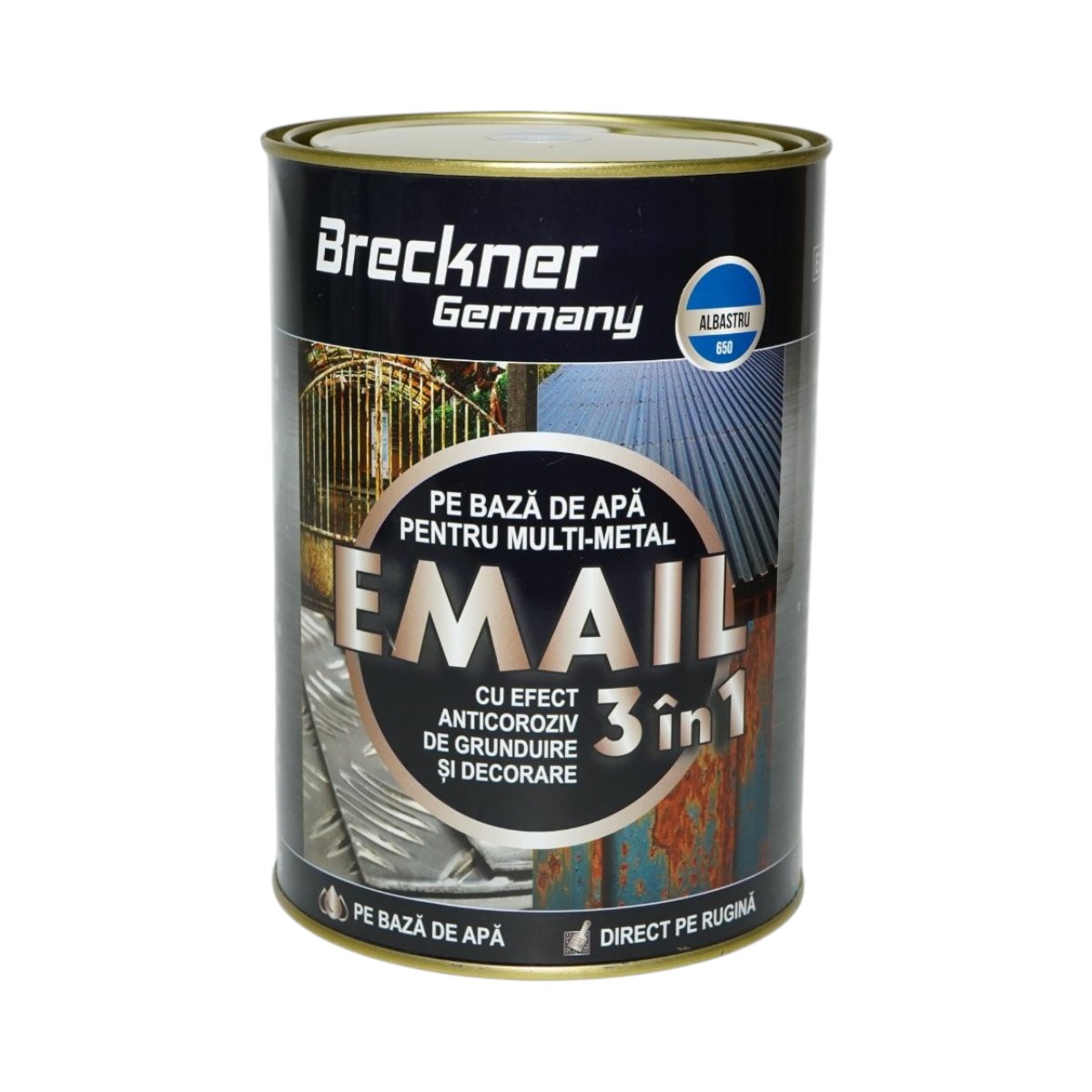 Vopsea email anticoroziva 3 in 1 albastru 650 pentru metal 2kg, direct pe rugina, pe baza de apa Breckner Germany – imagine 2