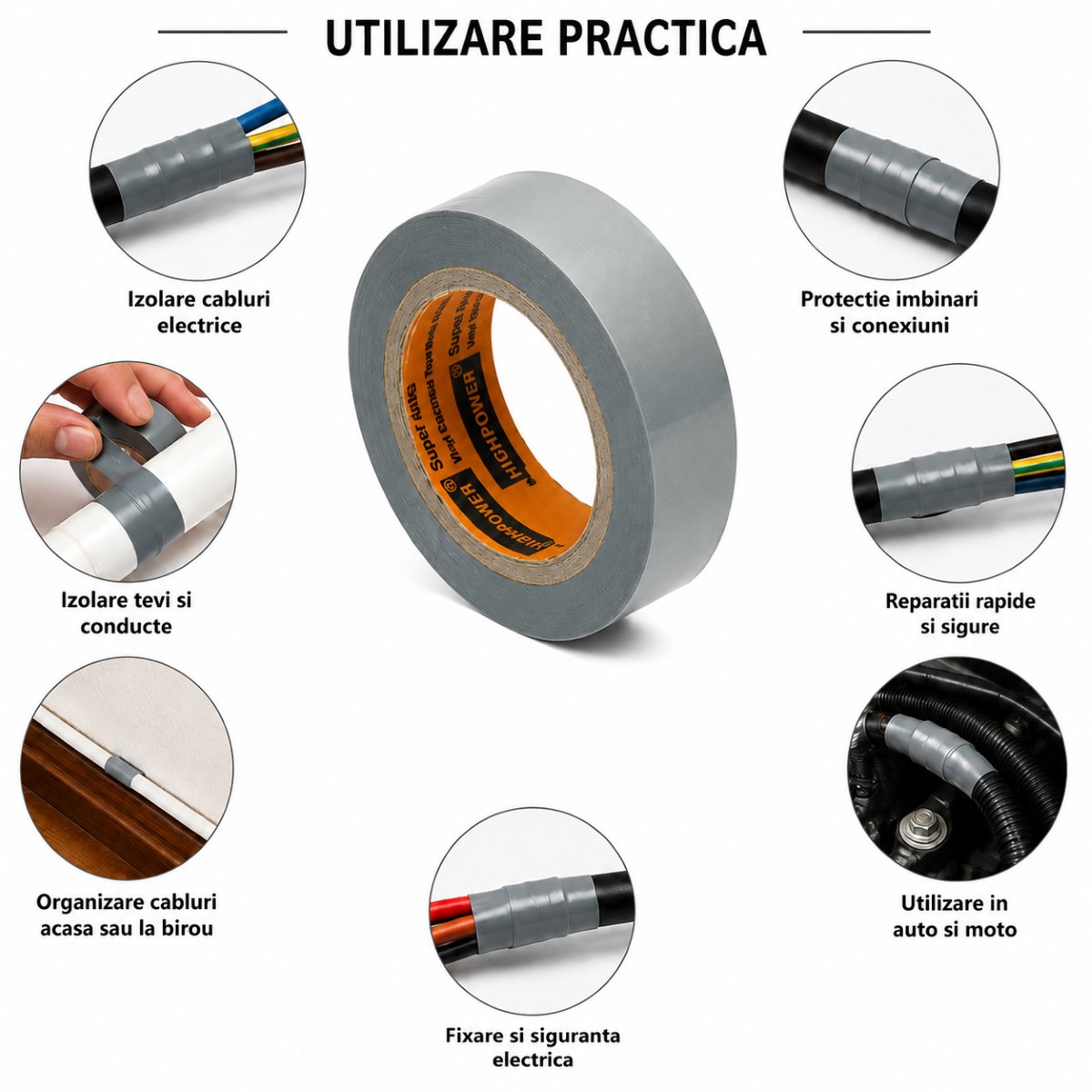 Banda izolatoare gri vinil 19mm x 9m Anti Fire Super AAA+ HighPower – imagine 4