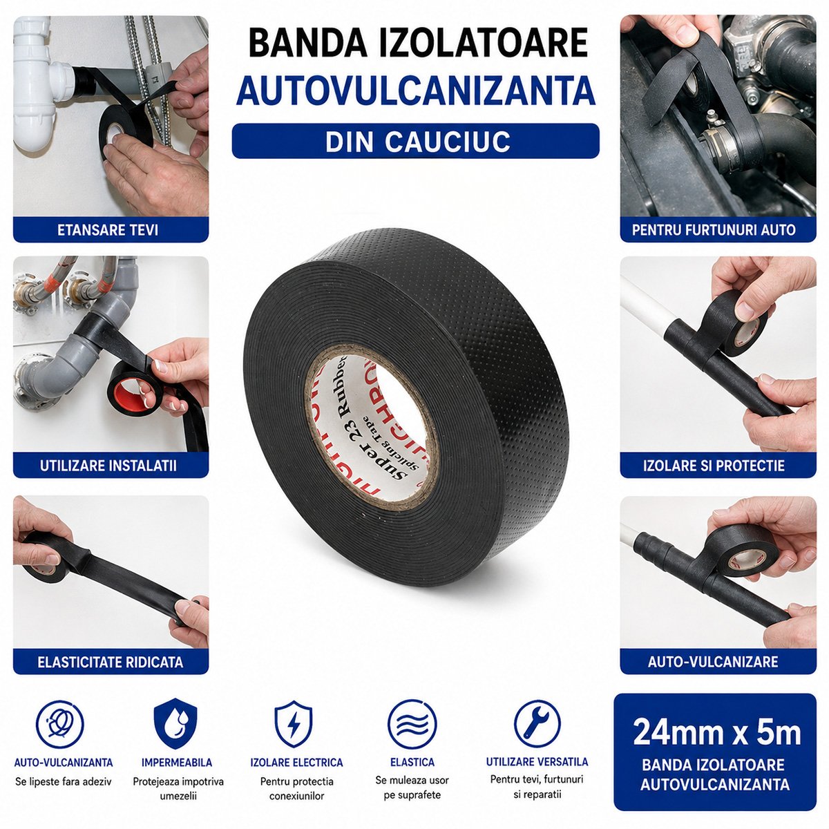 Banda autovulcanizanta electroizolanta din cauciuc 24mm x 5m Super 23 HighPower – imagine 4
