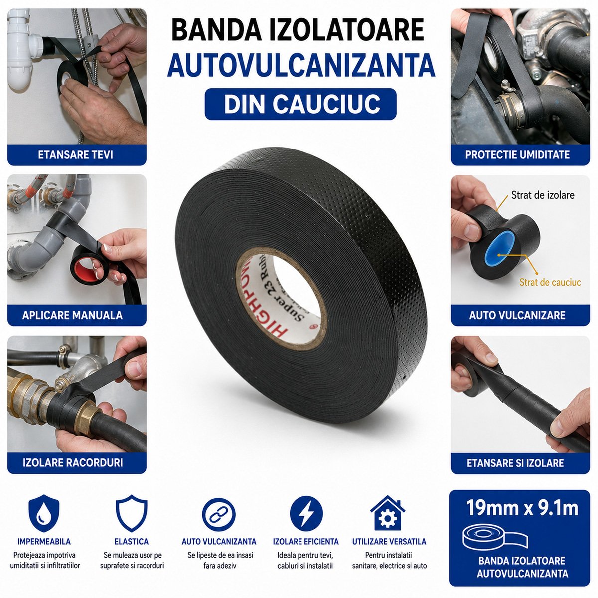 Banda autovulcanizanta electroizolanta din cauciuc 19mm x 9.1m Super 23 HighPower – imagine 4