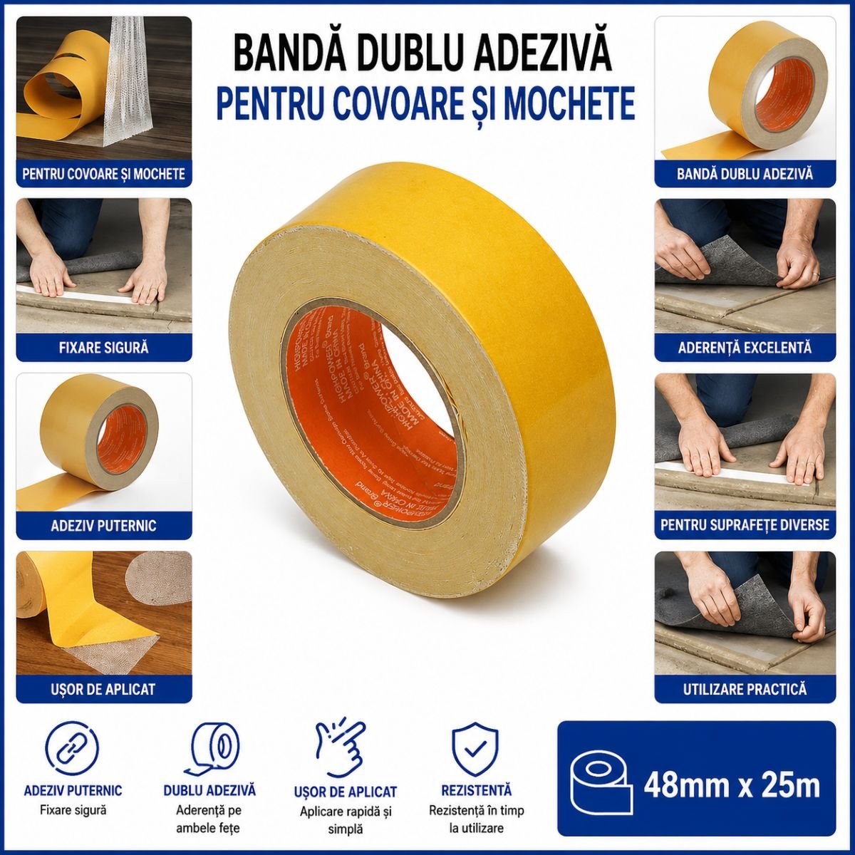 Banda dublu adeziva textila 48mm x 25m pentru mochete si covoare HighPower – imagine 4