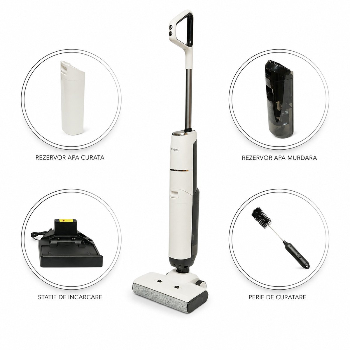 Aspirator vertical fara fir cu mop 200W, putere aspirare 18000Pa, baterie 5000mAh, rezervor apa 2x600ml, functie voce, ecran digital Breckner Germany