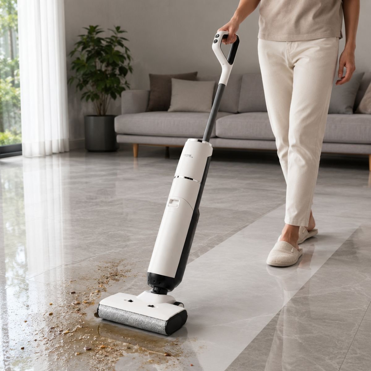 Aspirator vertical fara fir cu mop 200W, putere aspirare 18000Pa, baterie 5000mAh, rezervor apa 2x600ml, functie voce, ecran digital Breckner Germany – imagine 8